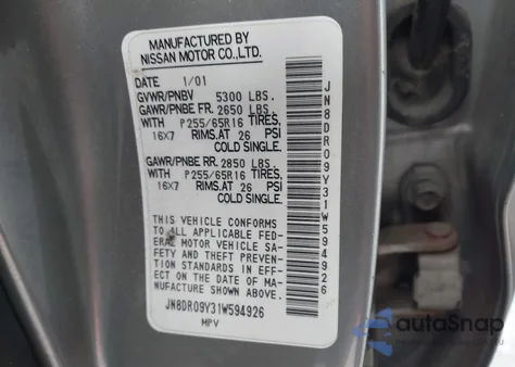 2001 Nissan Pathfinder Le z USA, uszkodzony, nr VIN JN8DR09Y31W594926